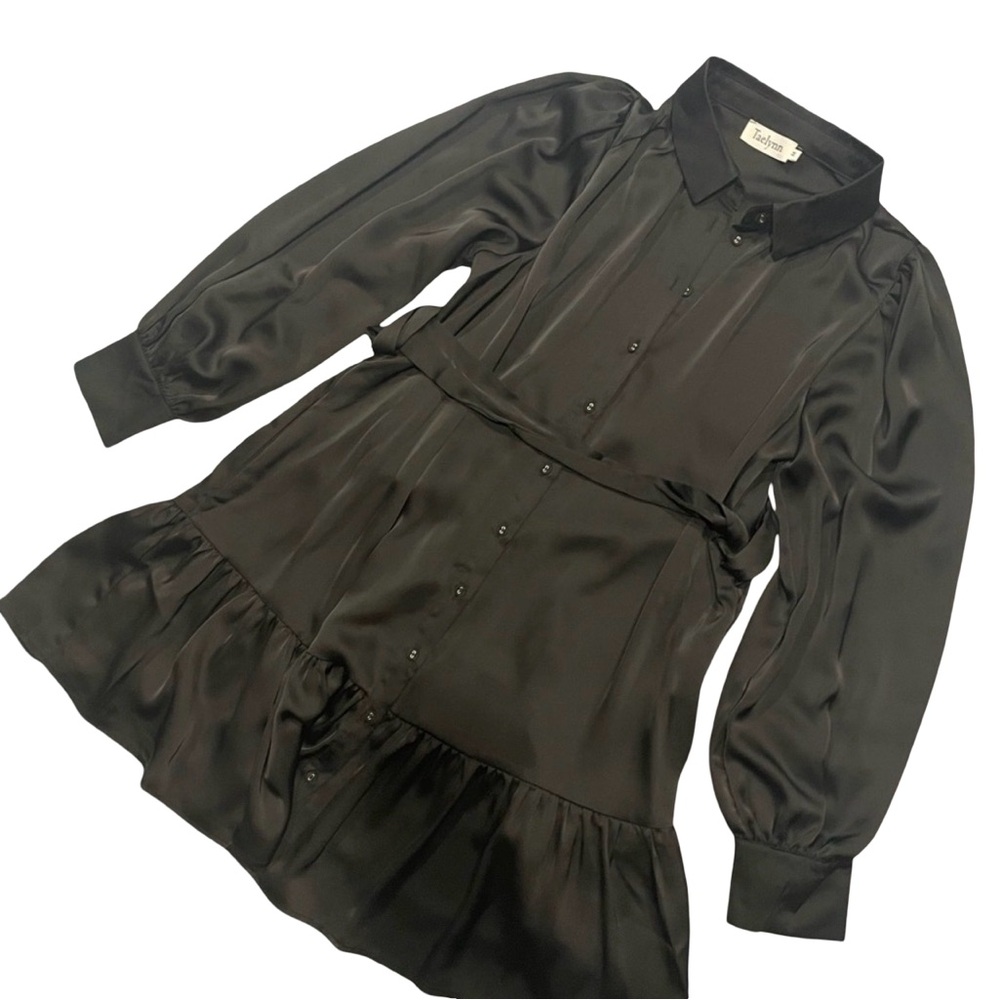 Black Satin Button Front Mini Shirt Dress Ruffle Hem Long Sleeve Size M